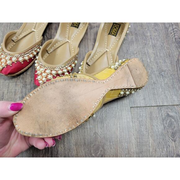 Soma Hand Artisan Made Leather Beaded Velour Pakistan Shoes 6 Flats Red Yellow - Picture 7 of 13